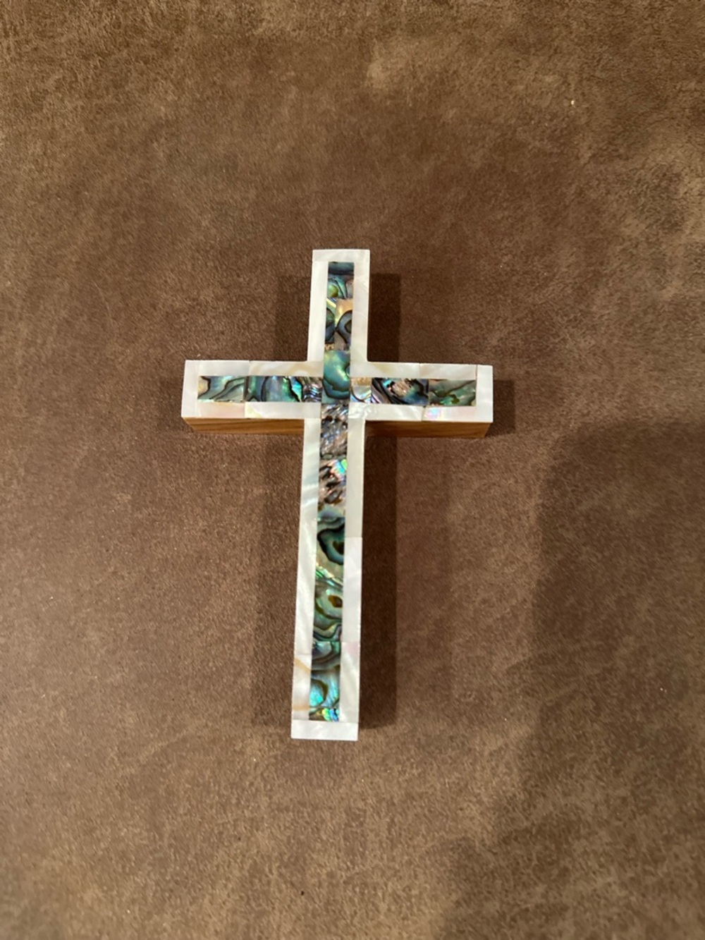 Small Olive Wood Mother of Pearl Inlay Cross from Jerusalem
